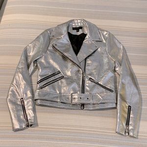 Shiny silver faux leather motorcycle jacket. Size small